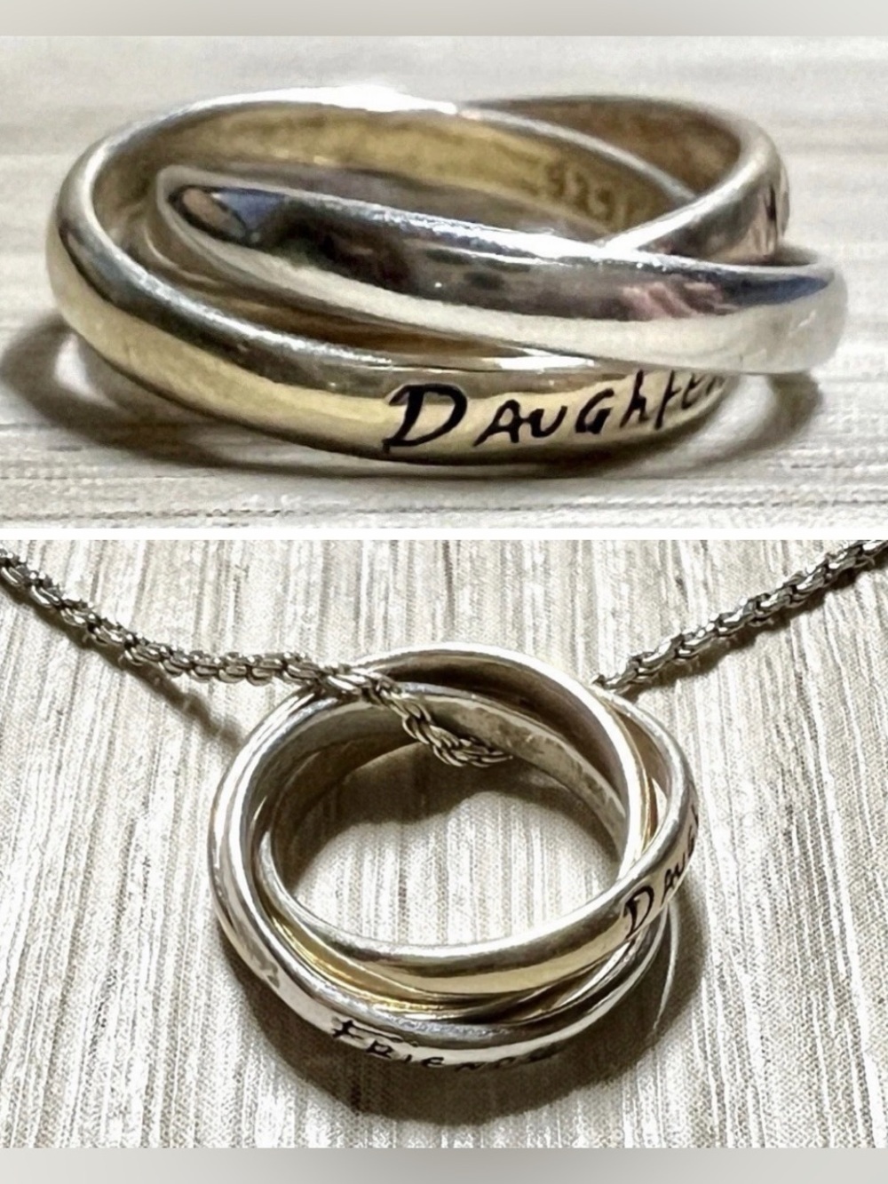 Sterling Silver 3 Ring Tri-Color “Mother, Daughter, Friend” Pendant & Necklace
